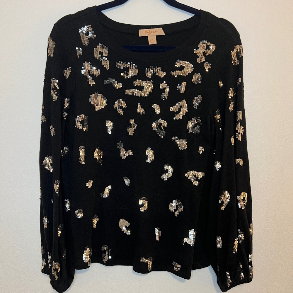Kyra Size S Black Sequin Leopard Print Long Sleeve Top